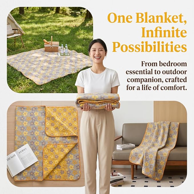 NIDITW Checkerboard Cotton Muslin Throw Blanket for Couch 6-Layer Checkered Gauze Blanket Soft Breathable All Season for Couch Bed Sofa (Yellow Flowers, King)