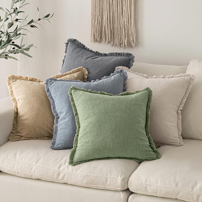 MIULEE Decorative Throw Pillow Covers Neutral Linen Fringe Throw Pillows Euro Shams Set of 2 Sage Green Boho Farmhouse Cushion Covers for Couch Sofa Bed Living Room Spring Home Decor 24x24 Inch