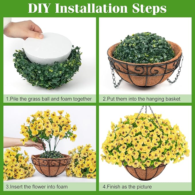 Artificial Hanging Flowers with Baskets for Outdoors, Fake Silk Pansy Flowers UV Resistant Faux Hanging Plants for Front Porch Patio Yard Home Spring Summer Decoration, Yellow