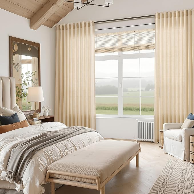 Extra Long Tan Linen Curtains 120 Inches for Living Room Back Tab Neutral Farmhouse Drapes Light Filtering Semi Sheer Curtain 120 inch for Floor to Ceiling Window Patio Sliding Door,2 Panels