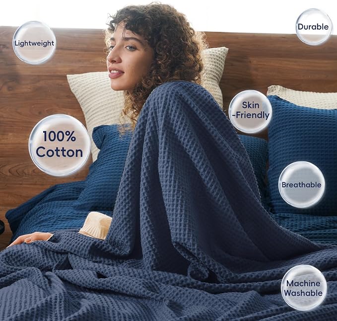 PHF Pre-Washed 100% Cotton Waffle Weave Blanket King Size for Bed,Snag Proof Throw Blanket for Couch Spring Summer Lightweight Breathable,Machine Washable, Home Decor Gift - Dark Navy