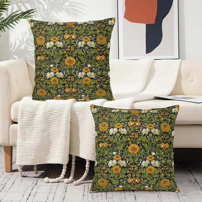 Dark Green Plant Floral Pillow Covers 18x18 Sage Green Botanical Throw Pillow Covers Fern Leaf White Orange Flowers Pillowcase Vintage Wildflower Cushion Case for Couch Sofa 2 Pack