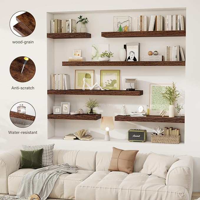 Acovy 48 Inch Floating Shelves, 12" Deep Floating Shelf Wall Mounted, 48" Wall Shelves, Rustic Deep Bookshelf, Extra Deeper & Thicker Display Shelves for Bedroom, Living Room, Brown, Set of 2