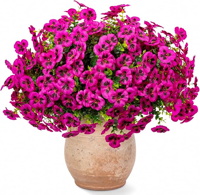 24 Pcs Artificial Fake Pansy Flowers for Outdoor,Faux Silk Plants Flowers UV Resistant Pansies Spring Flowers for Planter Front Door Porch Yard Patio Garden Window Box Home Decor(Fuchsia)