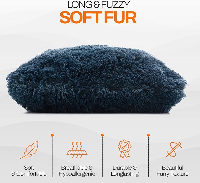 Cheer Collection Throw Pillows for Couch and Bed, Soft Shaggy Throw Pillows with Inserts Included, Cozy Long Hair Faux Fur Pillows - Set of 2-18" x 18" - Navy Blue