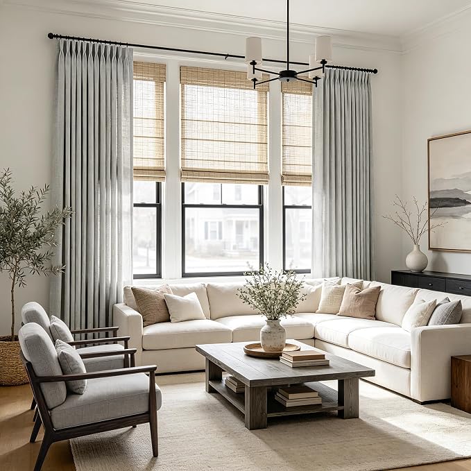 90 Inch Long Pleated Linen Curtains 2 Panel Set for Living Room Grey Triple Pinch Pleat Curtain Memory Trained with Hook Farmhouse Rustic Canvas Textured Light Filtering Pleated Drapes 90 inch Length