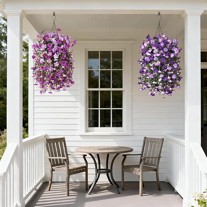 Artificial Fake Flowers Plants for Outdoor Spring Summer Decoration,2 PCS Faux Silk Morning Glory with Eucalyptus Leaves,UV Resistant Realistic Outdoor Flowers for Balcony Porch Patio Yard Garden