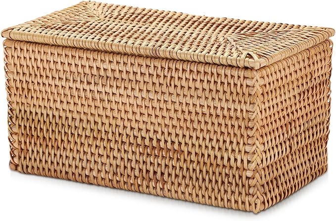 Hipiwe Rattan Basket Box with Lid Handwoven Wicker Storage Basket Bins Lidded Decorative Baskets Rectangular Household Baskets for Shelf Organizing Home Decor, 11.8"Lx6.2"Wx6.1"H