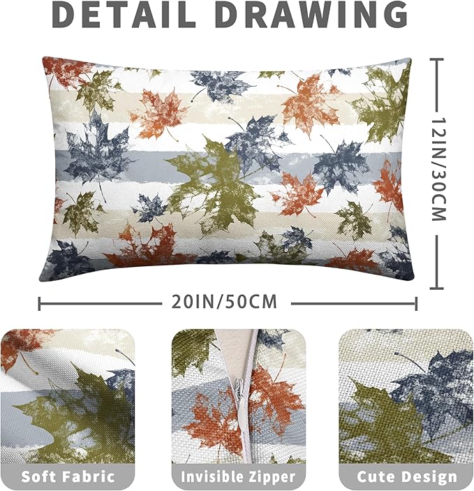 Thanksgiving Colorful Maple Leaves Lumbar Pillow Covers 12x20 Set of 2 Fall Rectangular Pillow Covers Blue Beige White Stripes Pillowcase Autumn Throw Pillow Covers for Patio Indoor Couch