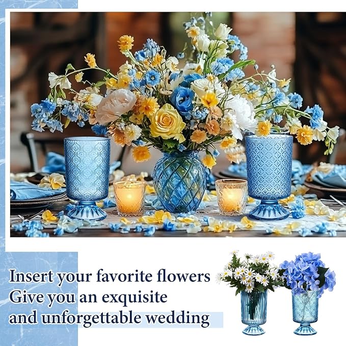 6 Pcs (H: 7" W: 4") Embossed Flower Vase Pedestal Glass Vase Big Base Thickened Crystal Vintage Vases for Wedding Party Home Decor Table Centerpiece House Warming Gifts (Blue,Classic)