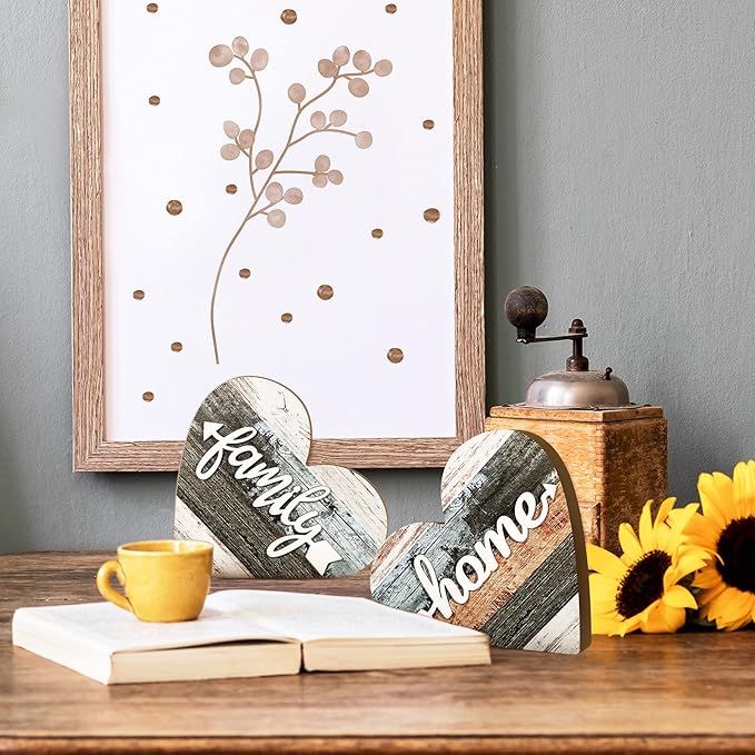 Jetec 2 Pcs Rustic Wooden Heart Table Decor, Daisy Farmhouse Home Decor, Bless This Home & Be Kind Sign for Living Room, Dining Room, Shelf & Mantel, Ideal Housewarming & Birthday Gift(Simple Style)