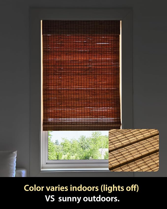 UNISHADES Cordless Bamboo Roman Shades, 30.5×48 in, Highfield Teak | Wide Bamboo Strip Weaving Technique, High light-blocking capacity, High Level of Privacy Protection
