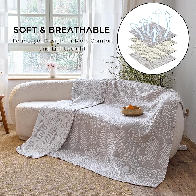 Boho Muslin Throw Blanket Twin Size 60"x80", 100% Cotton Lightweight 4-Layer Reversible Herringbone Quilt, All Season Decorative Blanket for Couch Bed Sofa Home Decor Gift - Grey/Off-White