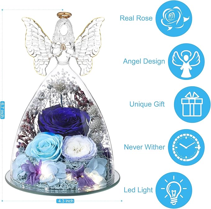 Mothers Day Rose Gifts for Women Preserved Real Flower in Glass Angel Figurines Roses for Delivery Prime Birthday Gifts for Mom Grandma Girlfriend Wife Her,Blue Austin Roses