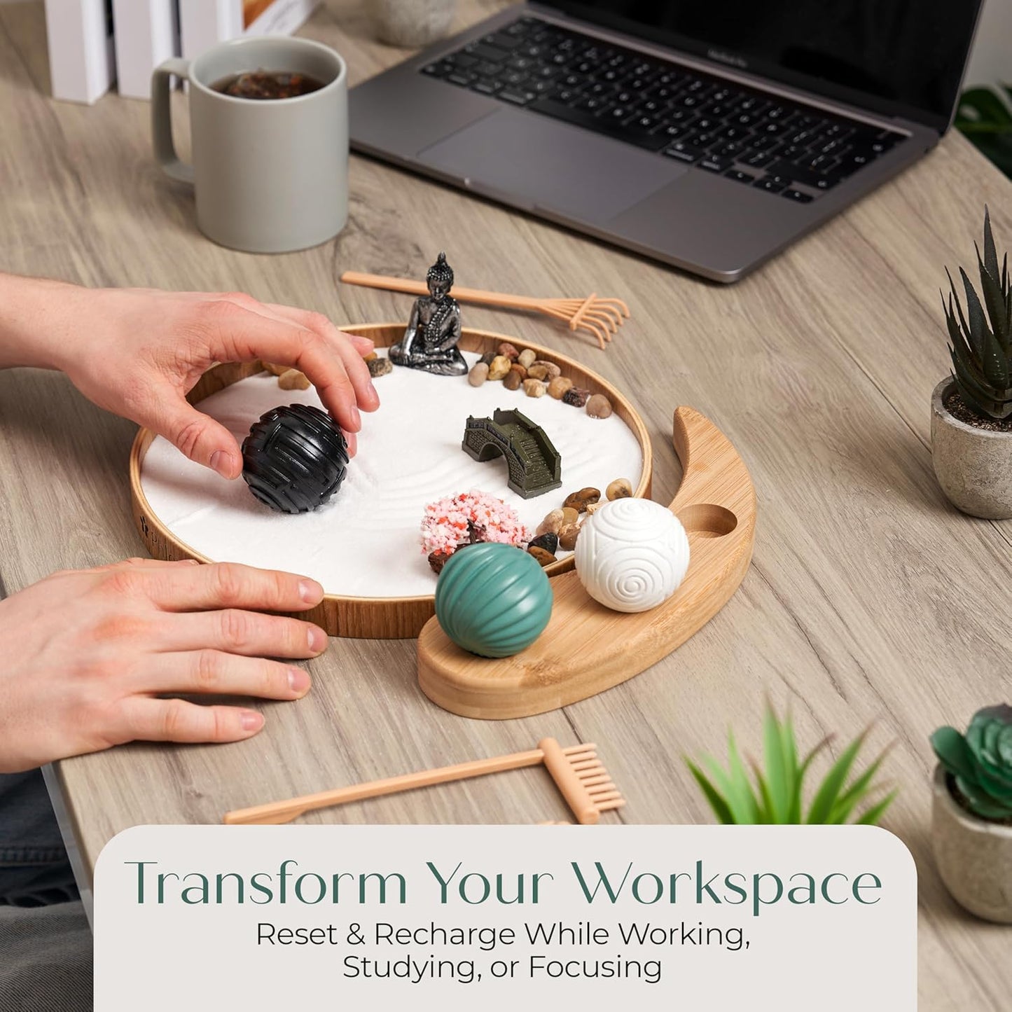 Zen Garden for Desk – Mini Zen Garden Kit for Calming Stress & Relaxing - Japanese Sand Box with Tray, Buddha, Tree, Sand, Rakes, Pebbles & Balls – Sensory Relaxation Gift for Home & Office Decor