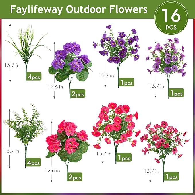 16 Bundles Artificial Flowers for Outdoors, UV Resistant Silk Faux Flowers for Outside Planters,Garden,Porch,Patio,Yard,Home Decor(Purple&Hot Pink)