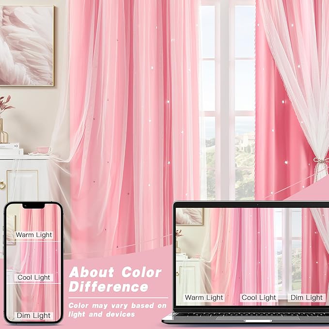XiDi Pink Curtains for Girls Bedroom 2 Panels Pink Blackout Curtains with Sheer Overlay for Nursery Kids Room Star Double Layer Drapes with Tiebacks Room Darkening Grommet Window Treatment W34 X L63