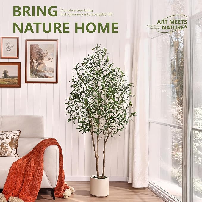 Verinatural Artificial Olive Tree Faux Plants Indoor - 6FT Tall Fake Tree with Remote LED Spotlights, Cylinder Round White Planter - for Modern Home Office Living Room Floor Display, VN214