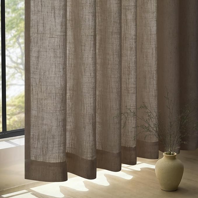 105 Inches Long Pinch Pleated Linen Curtains for Living Room 2 Panels Set Neutral Burlap Memory Trained Pleat Drapes Back Tab Light Filtering Boho Ceiling Floor 105 Inch Window Curtains Dark Flax