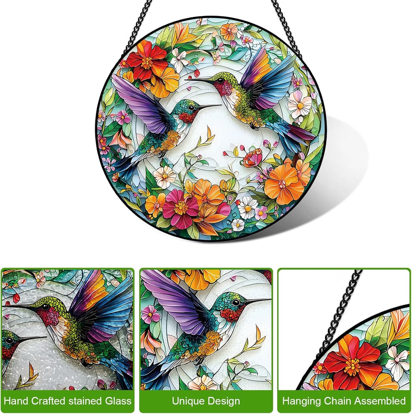 Stained Glass Window Hanging – Double-Sided Glass Sun Catcher with Chain – Memorial Window Art Panel for Home Décor, Spiritual Comfort, and All-Occasion Gifting