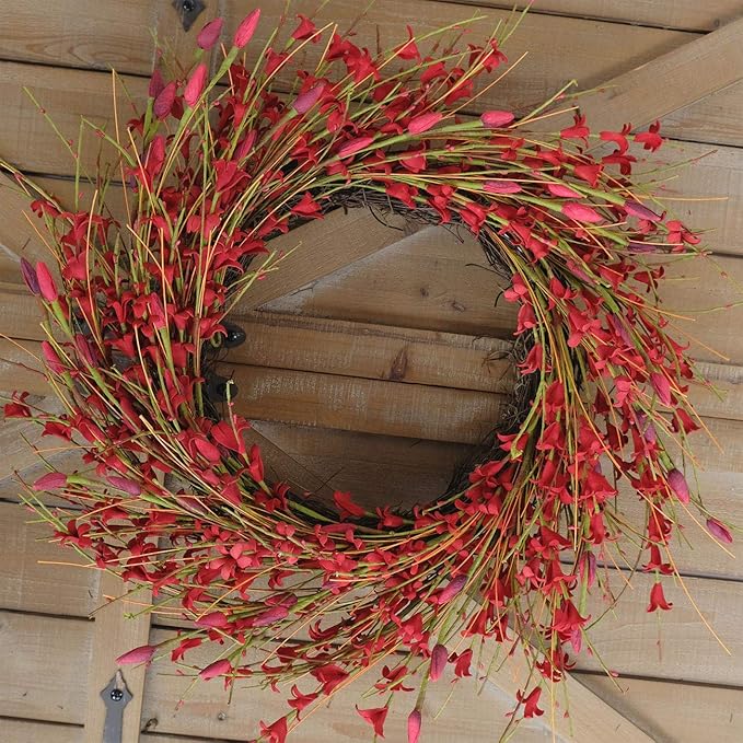Bibelot 18inch Artificial Forsythia Flower Wreath, All Year Around Wreath for Front Door, Wedding Window Home Wall Indoor Front Door Decor (red, 18in)