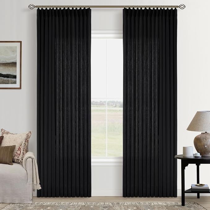 Black Pinch Pleated Semi Sheer Linen Curtains 86 Inch Long for Bedroom | Luxury Elegant Vintage, Hook Rings Memory Shape Pinch Pleat, Flax Textured, Living Room Dining Room, Light Filtering Privacy