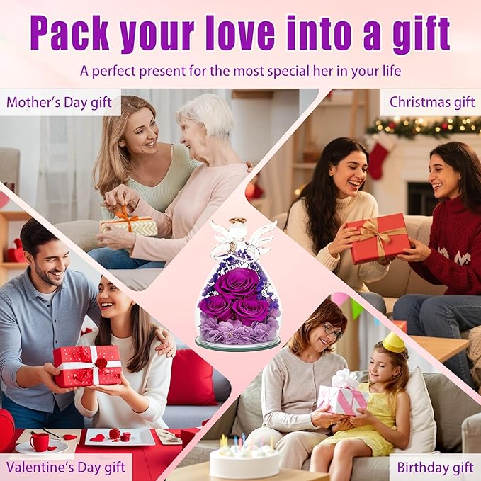 Mothers Day Birthday Gifts for Mom Women, Preserved Eternal Rose Forever Flower in Glass Angel Figurine, Fresh Flowers for Delivery, Unique Gift for Grandma Nana Wife Mum from Daughter Son