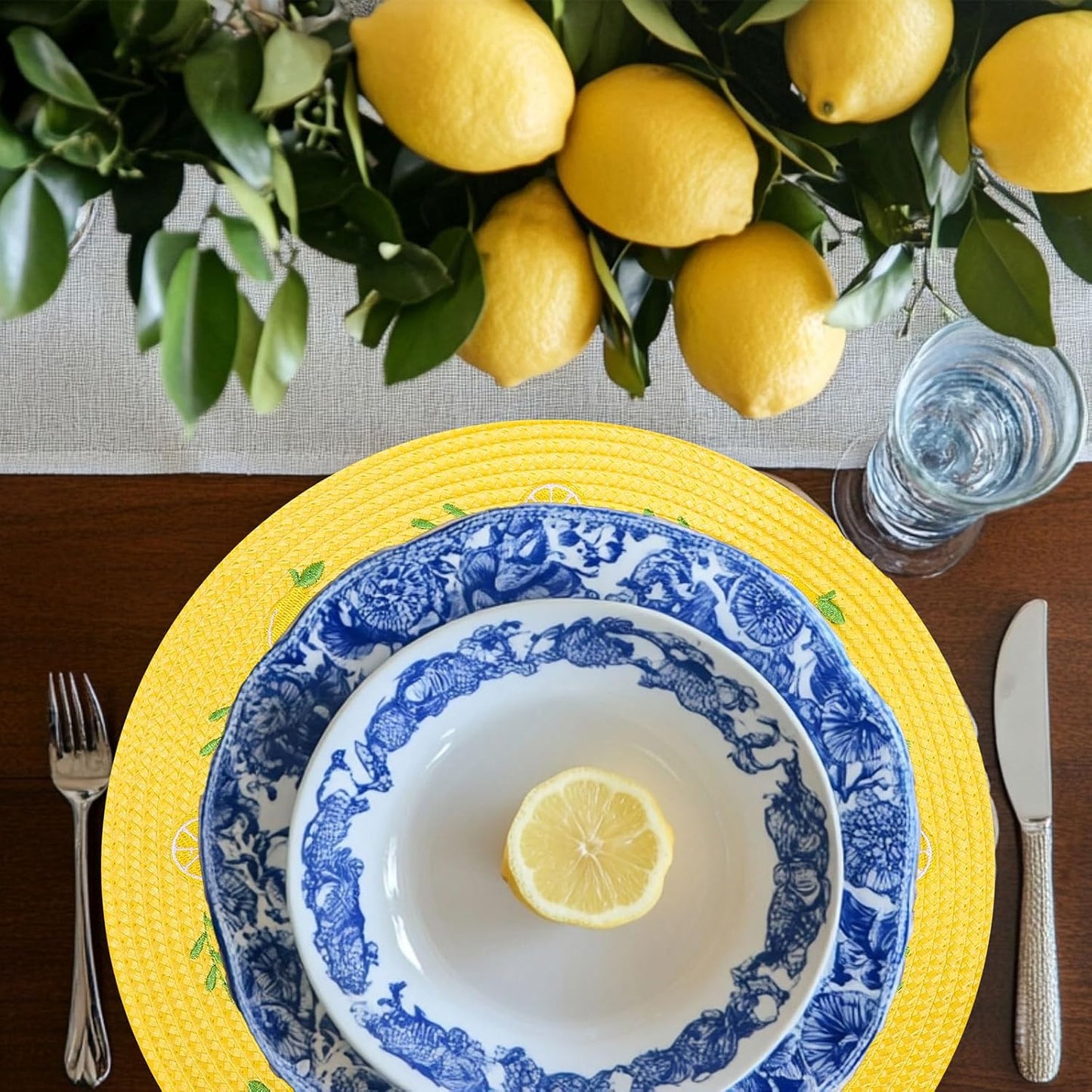 Whaline 4Pcs Round Placemats Lemon Embroidered Place Mats Summer Lemon Greenery Leaves Dinner Table Mats for Home Wedding Baby Shower Birthday Party Decor