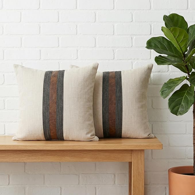 BOYSUM Set of 2 Leather Throw Pillow Covers Cotton Linen Decor Patchwork Pillow Cover Faux Leather Pillows Cover for Couch Sofa Living Room Bedroom,Beige 24"x24"