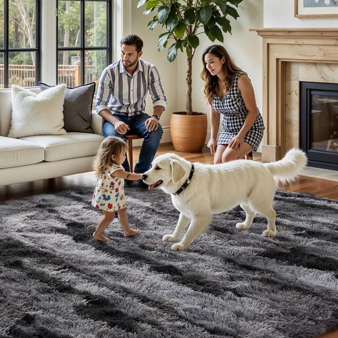 FinRèc 5x8 Black Rugs for Living Room Bedroom, Fluffy Shaggy Area Rug, Non-Slip Soft Shag Rug for Nursery Kids Room Dorm Room Home Decor, Indoor Plush Floor Carpet
