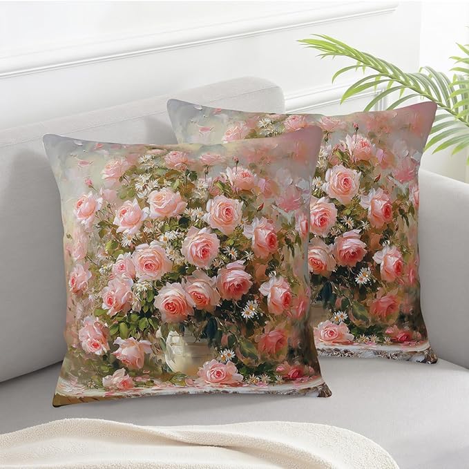 Rose Pillow Covers Vintage Pink Rose Daisy Floral Throw Pillow Covers 22x22 Spring Summer Flower Pillow Cases Shabby Chic Outdoor Cushion Cases for Home Porch Patio Decor 2 Pcs