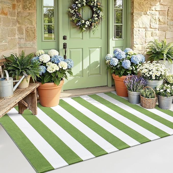OLANLY Green and White Striped Rug 2' x 4'3" (24" x 51") – Washable Cotton Indoor Outdoor Doormat for Front Door, Entryway, Kitchen, Porch, Patio Decor