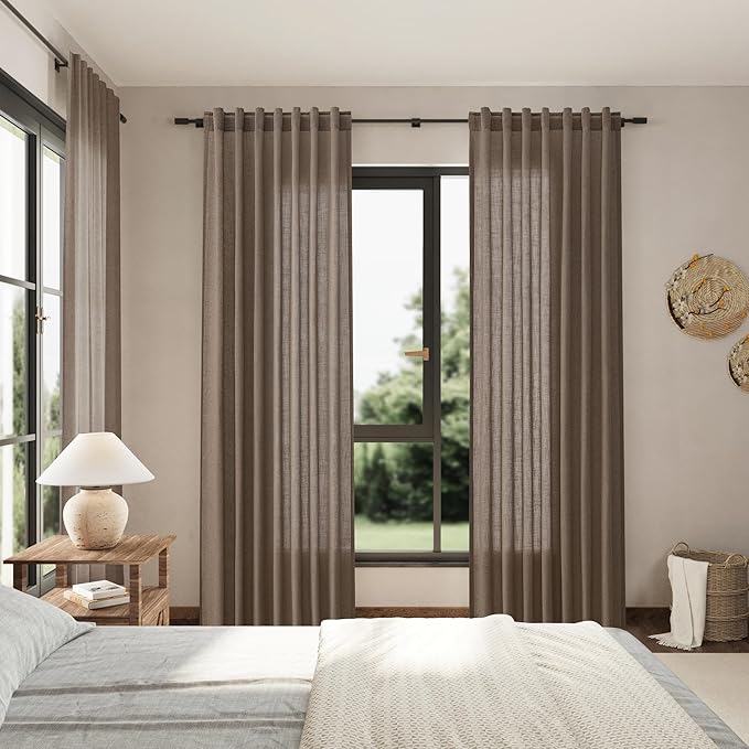 Light Brown Linen Curtains 84 Inches Long for Bedroom Back Tab Light Filtering Privacy Semi Sheer Curtains Modern Farmhouse Decor Light Brown Cotton Textured Curtain for Living Room 2 Panels 52x84