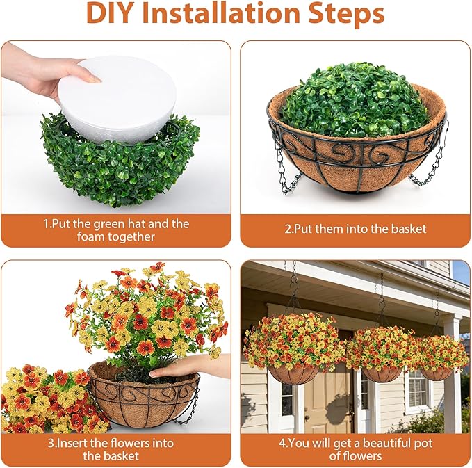 Artificial Fake Hanging Flowers Plants Basket Outdoors, Faux Silk UV Resistant Look Real Daisy Eucalyptus for Spring Summer Garden Porch Home Patio Balcony Yard Decorations, Orange Yellow