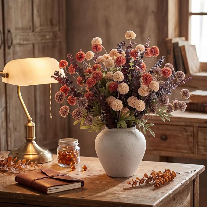 Hoteam 36 Pcs Artificial Chrysanthemum Flowers Bouquet with Dried Eucalyptus Leaves 15 Stems Fake Mums 21 Stems Preserved Eucalyptus for Vase Home Decor Wedding Centerpieces (Burnt Orange)
