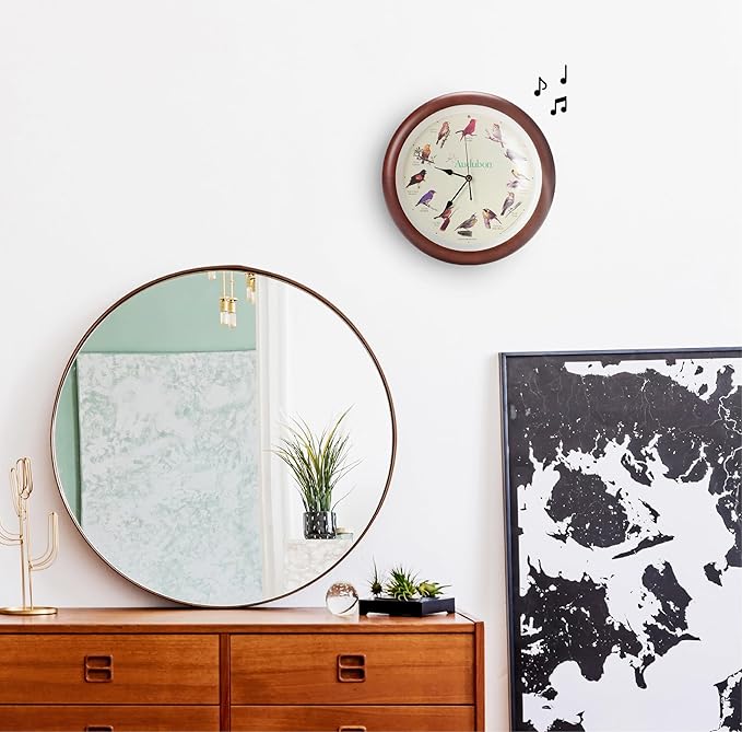 Mark Feldstein, Audubon Singing Bird Wall Clock, 13 Inch, Premium Cherry