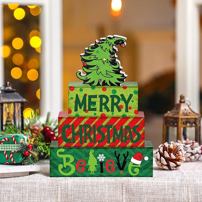 Marsui 4 Pcs Merry Christmas Table Decor Green Red Xmas Tiered Tray Decor Rustic Xmas Tree Believe Holiday Wood Sign Block Farmhouse Christmas Centerpiece for Tables Home Office Desk Shelf Gifts
