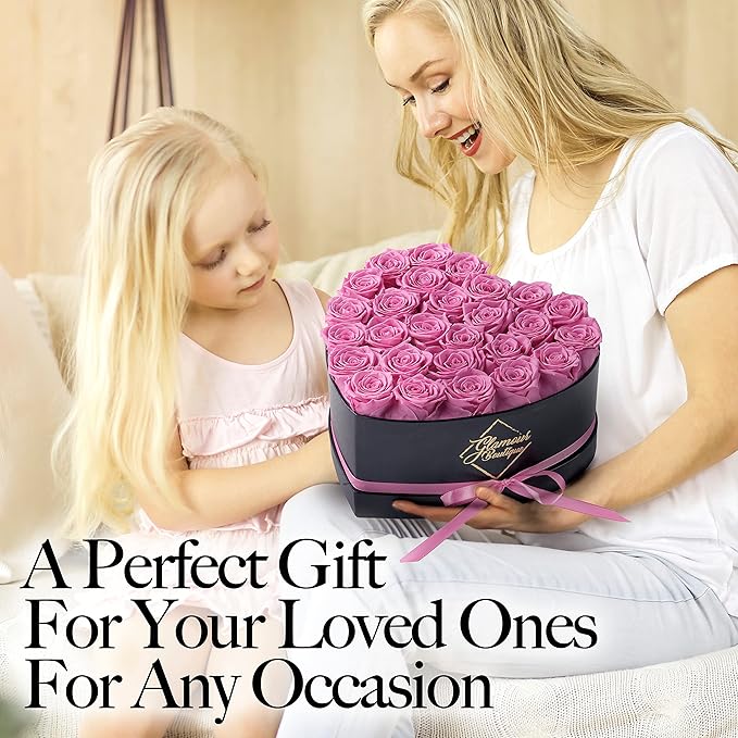 GLAMOUR BOUTIQUE 27 Flower Forever Heart Shape Box, Eternal Preserved Roses Gift for Her, Lasting Flowers, Premium Floral Heart Box for Birthday, Anniversary or Valentine’s Day, Pink (Color-Treated)