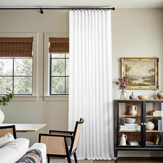 96 Inch Curtains 70 Inch Wide White Linen Pinch Pleat Curtains for Living Room Bedroom Light Filtering Privacy Pleated Long Drapes Hooks Rings Back Tab Ceiling to Floor Patio Sliding Door 2 Panels