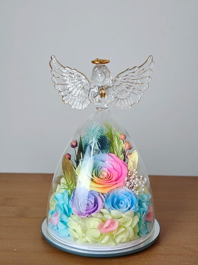 FIACO Gifts for Women Mom Preserved Rose Forever Flower in Glass Angel Figurine Fresh Flowers for Delivery Birthday Gifts for Grandma Wife Sister Eternal Roses