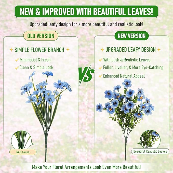 Artificial Flowers Fake Plants for Outdoors Spring Decoration, 13Bundles Silk Realistic UV Resistant Faux Flowers for Outside Planter Porch Yard Patio Garden Home Indoor, Blue