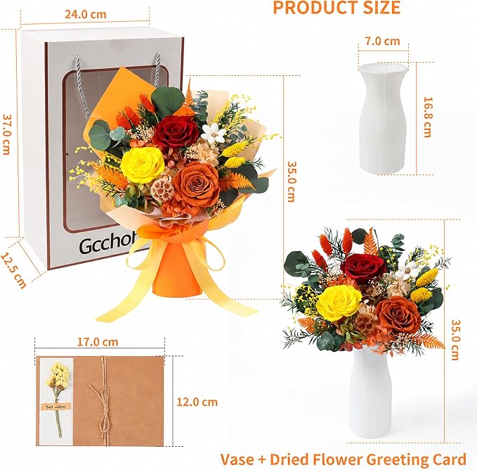 Preserved Flowers Bouquet, Real Eternal Flowers, Gifts For Women, Birthday Gifts For Mom Friends Her Girlfriend Sister, Valentine (orange)