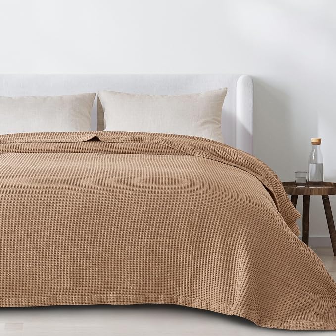 100% Cotton Taupe Blanket Full/Queen Size for Bed - Breathable and Soft, Waffle Weave for Summer Spring, 90x90 Inches (Toffee)