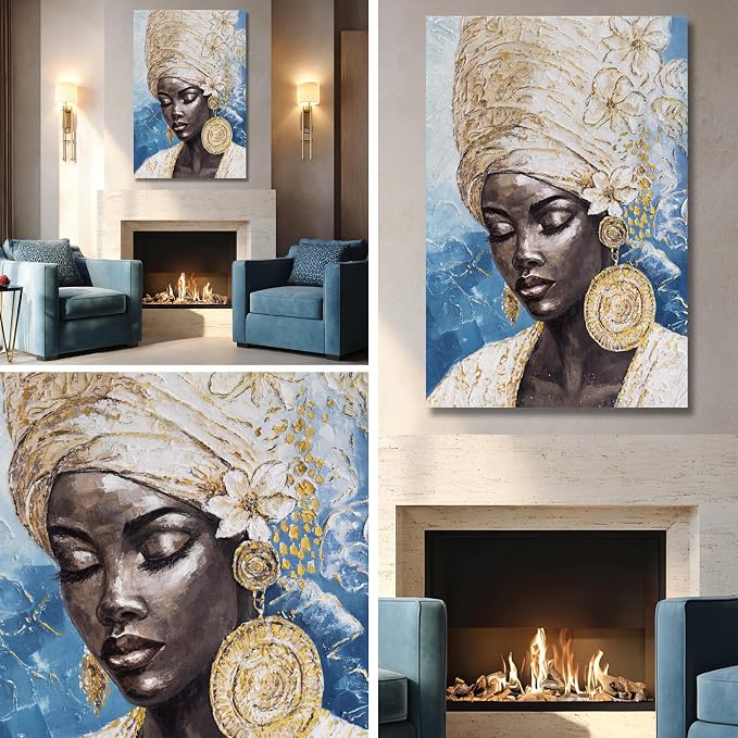 Dolidoteart Blue Gold Black Woman Wall Art, Large African American Canvas Wall Art for Living Room Bedroom Office, Modern Portrait Wall Art Print, 32x48 Inch