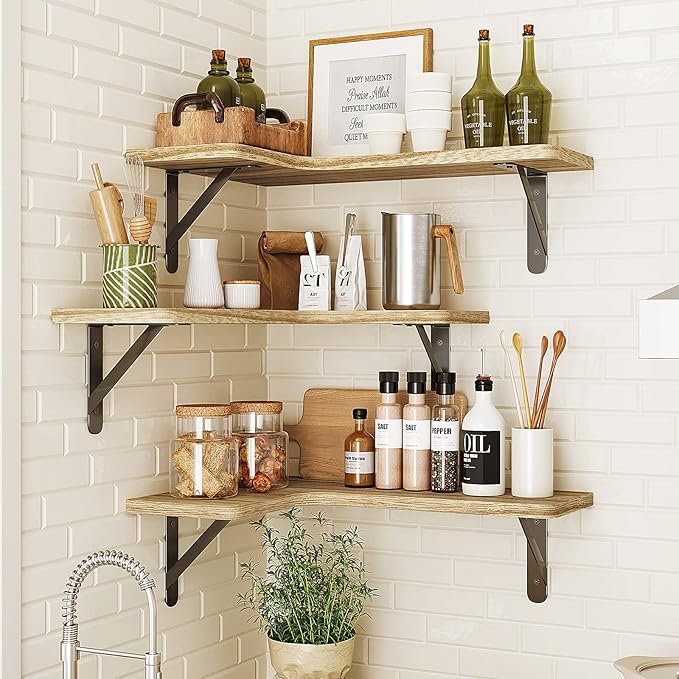 Fixwal Floating Shelves for Wall, Rustic Wood Wall Mounted Corner Shelf for Bathroom, Kitchen, Bedroom, Home Decor, Laundry Room, Living Room, Set of 5 (Carbonized Black)