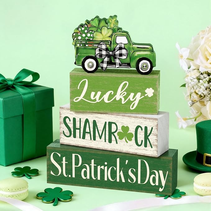 Marsui 4 Pcs St Patrick's Day Table Decorations Green Shamrocks Wooden Signs Block Farmhouse Irish Tiered Tray Decor Rustic St. Patrick's Day Table Centerpieces for Home Office Desk Shelf Mantel Decor