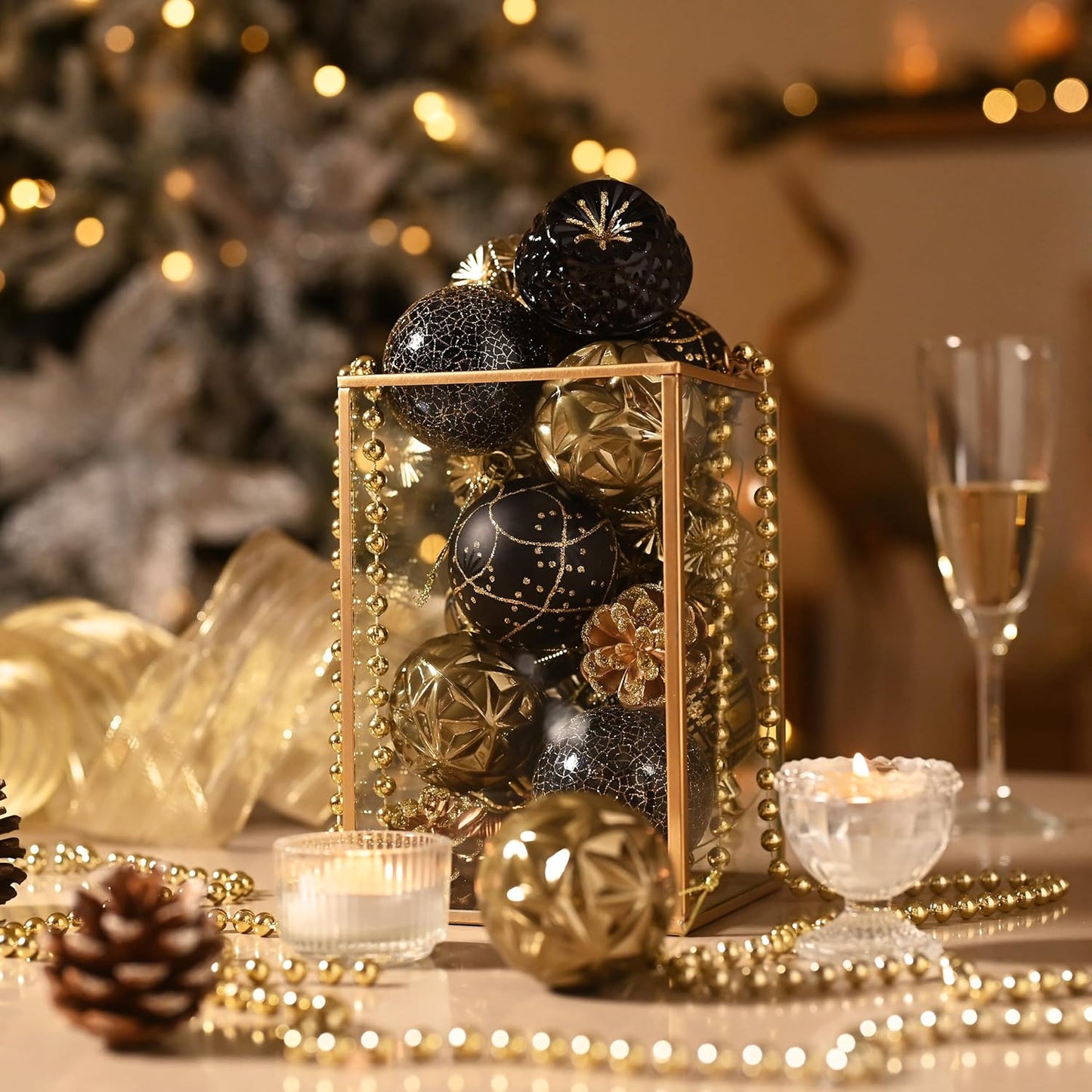 Valery Madelyn Ornaments for Christmas Trees, 16ct 2.36 Inches Black and Gold Shatterproof Christmas Tree Decorations, Luxury Hanging Ball Ornaments for Xmas Holiday Party Decor