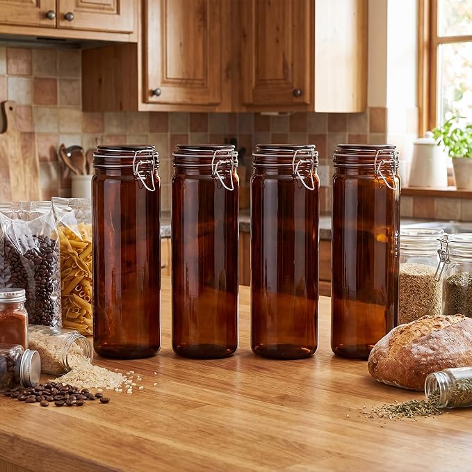 Norme 6 Pack 68oz Amber Airtight Glass Jars with Lids, Cylinder Food Storage Container Airtight Food Wire Clip Fastening for Sauerkraut Flour Kitchen Sugar Cereal Kitchen Canning Pickling Mason Jars