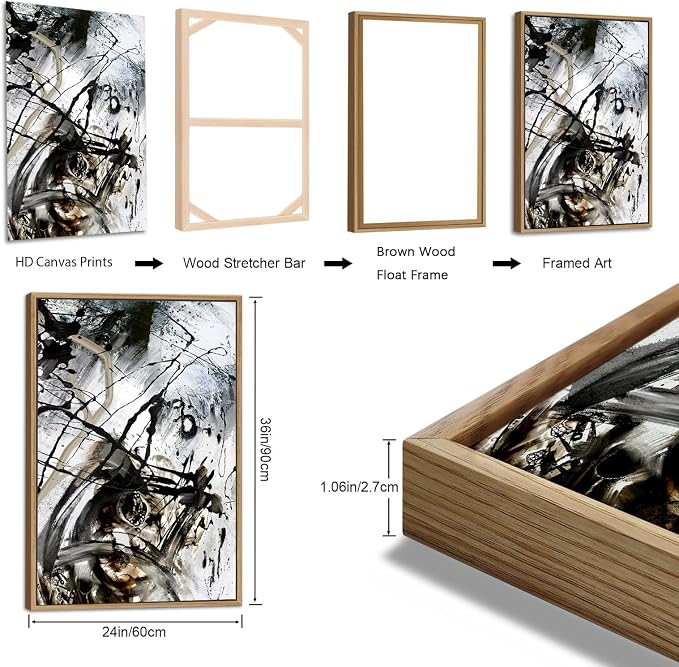 Large Modern Painting Wall Art for Living Room Float Framed Art Set of 3 Abstract Canvas Pictures Black and White Minimalist Artwork Canvas Prints for Bedroom Home Office Wall Decor 24X36inX3pcs