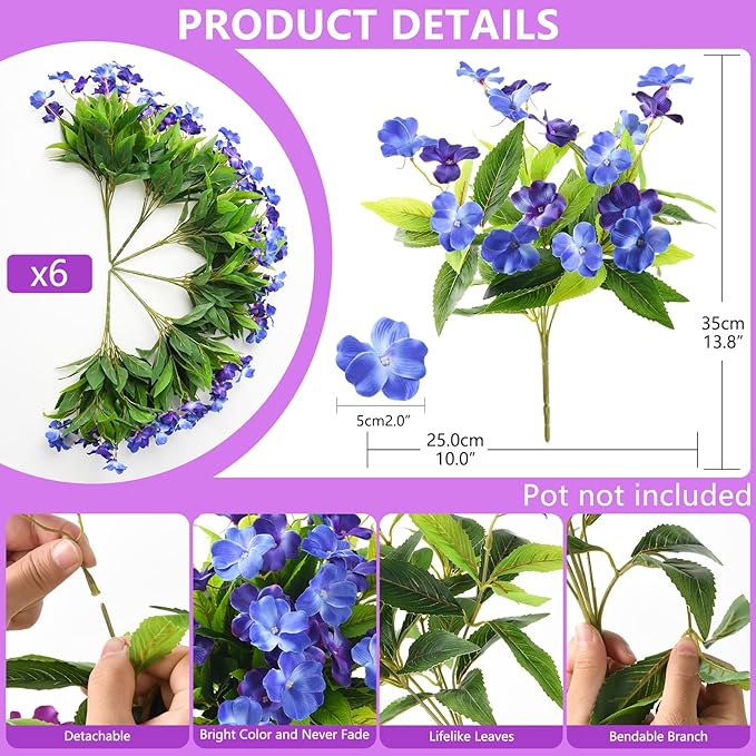 Artificial Impatiens Flowers for Outdoors, 6 Bundles Silk Fake Flowers for Spring Summer Decoration, UV Resistant Faux Plants Plastic Bouquet for Home Planter Porch Patio Yard Decor(Double Blue)
